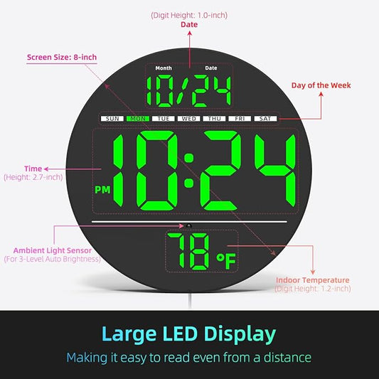 Digital Wall Clock with Large LED Display, Date, Temperature, Auto-Brightness | Small [PLUG-IN] Clock | Modern Electric Wall Clock for Bedroom, Classroom, Living Room, Home, Office, Farmhouse – Green
