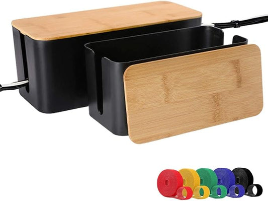 Cable Management Box, 2 Pack Bamboo Lid Large Storage Wires Organizer Holder for Home, Desk, TV, Computer, USB Hub - to Cover Hide Surge Protector Conceal Power Strips & Cords (Black)