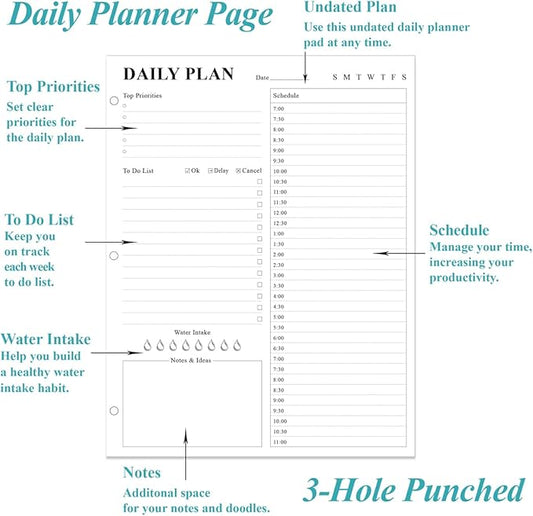 (2-Pack) Undated Daily Planner Refill - A4 Planner Inserts, 200 Sheets/400 Pages Planner and Lined Refill, 3 Hole Punched To Do List Refills, 100 gsm White Paper, 8.5'' x 11''