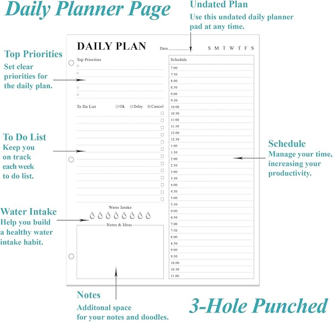 Undated Daily Planner Refill - A4 Planner Inserts, To Do List Refills, 100 Sheets/200 Pages Planner and Lined Refill, 3 Hole Punched, 100 gsm White Paper, 8.5'' x 11''