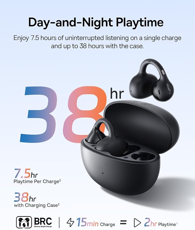 Baseus Bass BC1 Open Ear Earbuds Clip-On Headphones, Open-Ring Comfort with Tri-Curve Snug Clip, Powerful Sound with SuperBass, 4-Mic Clear Calls, IP55 Waterproof, 38H Playtime, Lightweight