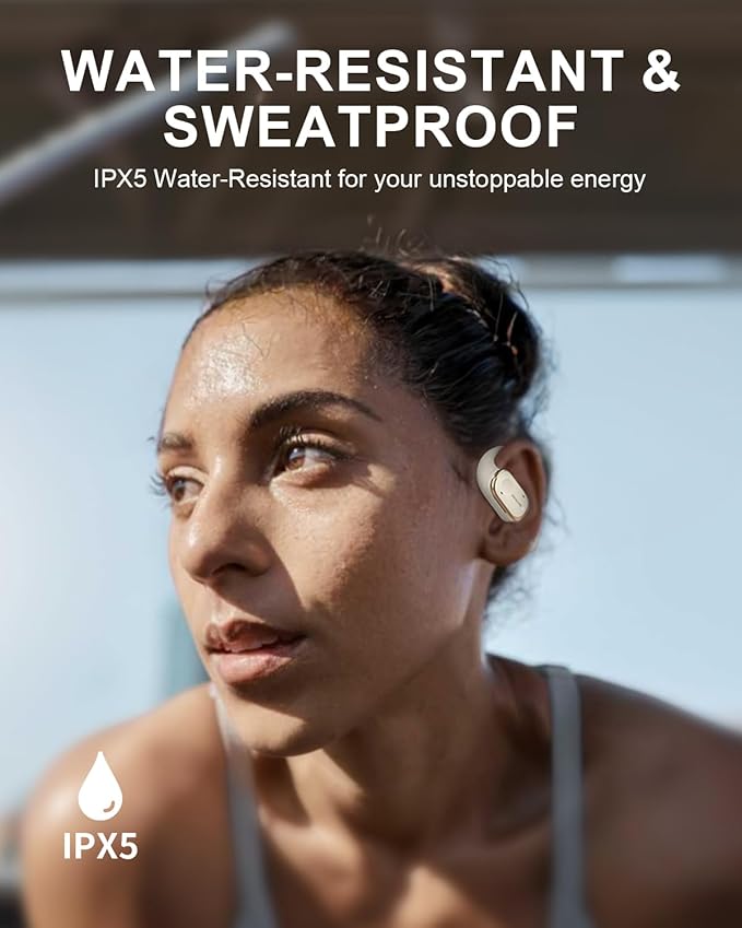 Open Ear Earbuds with 4-Mic, IPX5 Sweat Resistant Open Ear Earbuds Wireless Bluetooth 5.3, 30H Playtime Wireless Headphones with Earhooks, Lightweight for Running, White