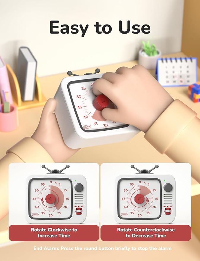 LIORQUE Visual Timer for Kids, 60-Minute Countdown Timers for Classroom Office Kitchen with Silent Operation, Kids Timer for Teaching with Cute Design