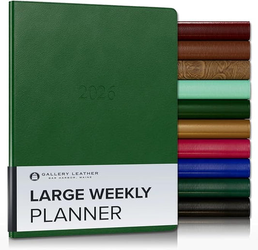 Gallery Leather Large Weekly Monthly Planner 2025-2026, Elegantly Bound Calendar Planner and Notebook with Stylish Gold-Gilded Page Edges, 12 Months - Monhegan Emerald - 9.75 x 7.5 "
