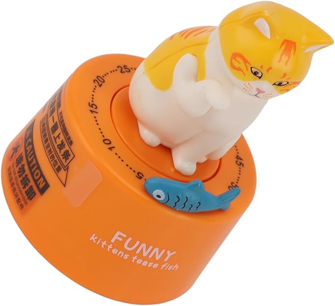 Mechanical Countdown Timer, 60 Minutes Mechanical Kitchen Timer Eco Friendly Loud Alarm Magnetic Base Cute Animal Shape for Kitchen (Kitten with Orange Base)