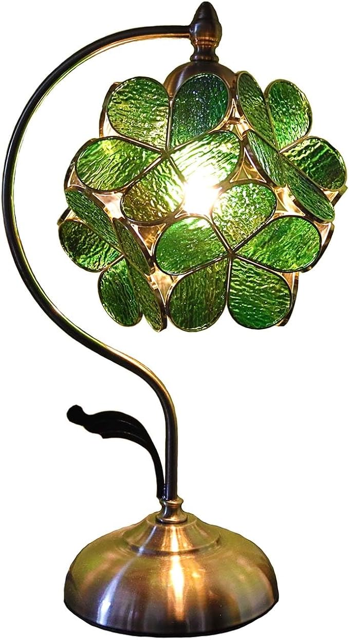Bieye L10875 Tiffany Style Stained Glass Flower Petal Table Lamp with Brass Base for Home Décor (Green, 8" Cherry Blossom)