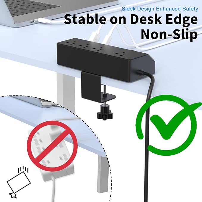 Desk Clamp Power Strip with PD 20W Fast Charging, Flat Plug Extension Cord 10 FT, Desk Mount Power Strip Surge Protector with 4 AC Outlet 4 USB Ports, Fit 1.8" Tabletop Edge (Black)