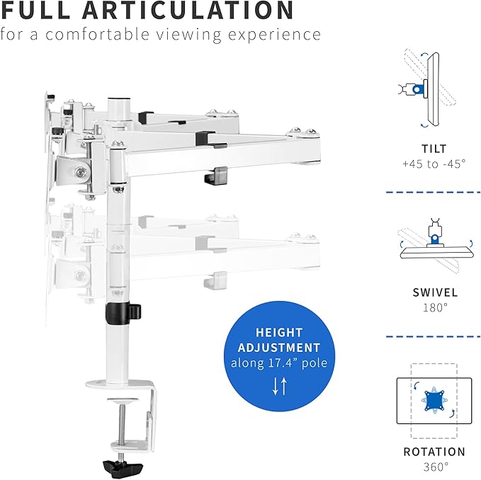 VIVO Triple Monitor Adjustable Desk Mount, Articulating Tri Stand, Holds 3 Screens up to 24 inches, White, STAND-V003YW