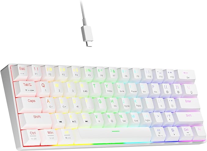 Newmen GM610 60% Wireless Mechanical Gaming Keyboard,Wired/Bluetooth/2.4G Keyboard,RGB Backlit,61 Anti-Ghosting Keys,Programmable,Hot-Swappable,for Windows Mac Android (White/Red Switch)