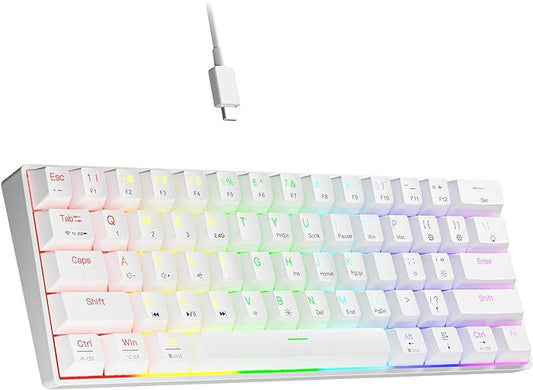 Newmen GM610 60% Wireless Mechanical Gaming Keyboard,Wired/Bluetooth/2.4G Keyboard,RGB Backlit,61 Anti-Ghosting Keys,Programmable,Hot-Swappable,for Windows Mac Android (White/Red Switch)