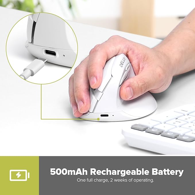 DeLUX Wireless Vertical Mouse, Small Silent Ergonomic Mouse with BT 5.2 and USB Receiver, 6 Buttons and 4000 DPI, Rechargeable Mouse for Carpal Tunnel (M618mini-White)