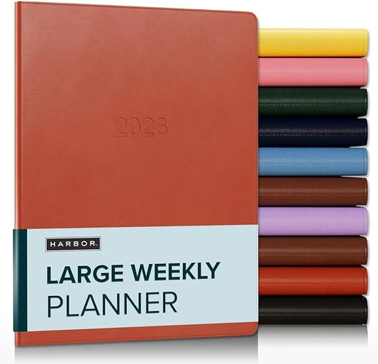 Harbor Large Weekly Monthly Planner 2025-2026 - Calendar Planner and Notebook, Durable Faux Leather, 192 Pages, Softcover & Book Bound - Cambridge Burnt Orange - 9.75 x 7.5 "