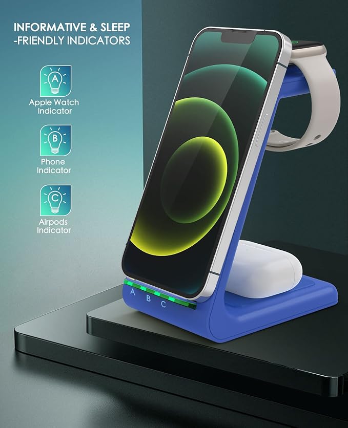 3 in 1 Wireless Charging Station, 2025 Upgraded Fast Desk Charger Station for iPhone 16 15 14 13 12 Pro Max Plus, Charger Stand for Apple Watch 10 9 8 7 6 5 4 3 2 SE, Airpods 4 3 2 Pro(Blue)