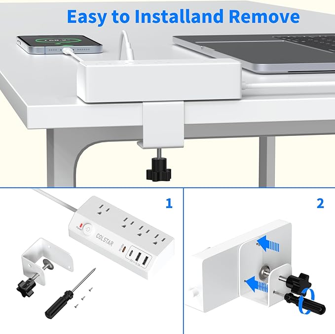 Desk Clamp Power Strip with 4 AC Outlets & 4 USB Ports Including PD 20W Fast Charging, Desk Mount Power Strip Surge Protector for Office,10FT Extension Cord Fits 1.8" Tabletop Edge (White)