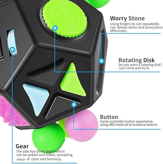 12 Sided Cube Toys,Fidget Toys Cube Relieves Stress and Anxiety for Kids and Adults with ADD,OCD,ADHD,Autism (Black / B2)