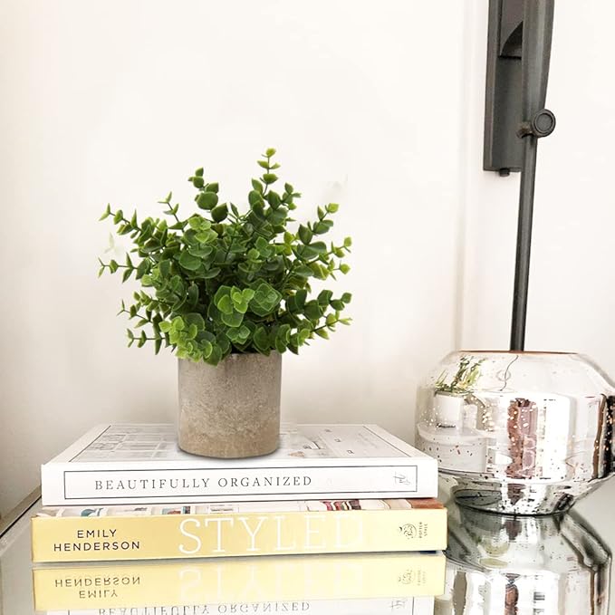 Briful Artificial Potted Plants Set of 2 Small Faux Plant Eucalyptus Mini Fake Plant Decor for Home Table Office Room Desk Bathroom Shelf Kitchen Rustic Farmhouse Mantel Decoration
