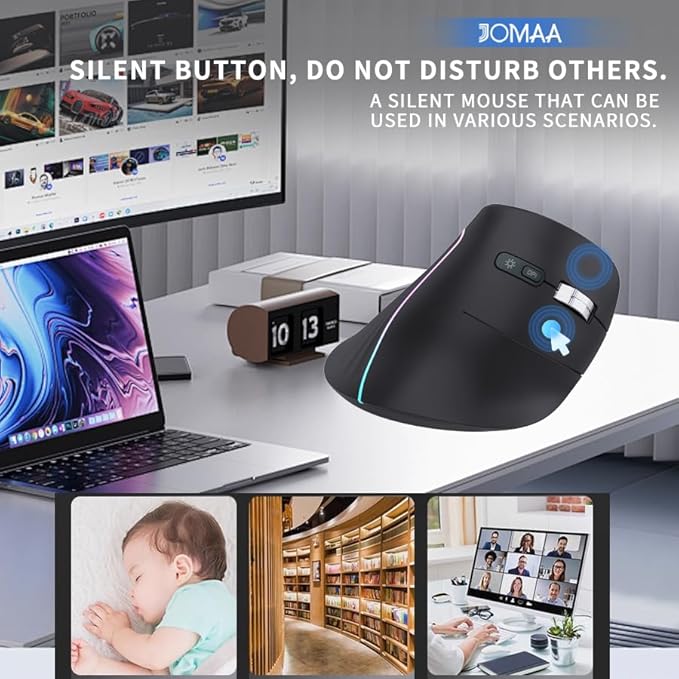 JOMAA Wireless Vertical Mouse, Multi-Device Bluetooth 5.2 & 2.4G Ergonomic Mouse with RGB Lighting, 4000 CPI, 500mAh Rechargeable, for Windows/Mac/Android