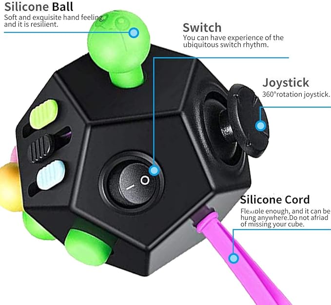 12 Sided Cube Toys,Fidget Toys Cube Relieves Stress and Anxiety for Kids and Adults with ADD,OCD,ADHD,Autism (Black / B2)