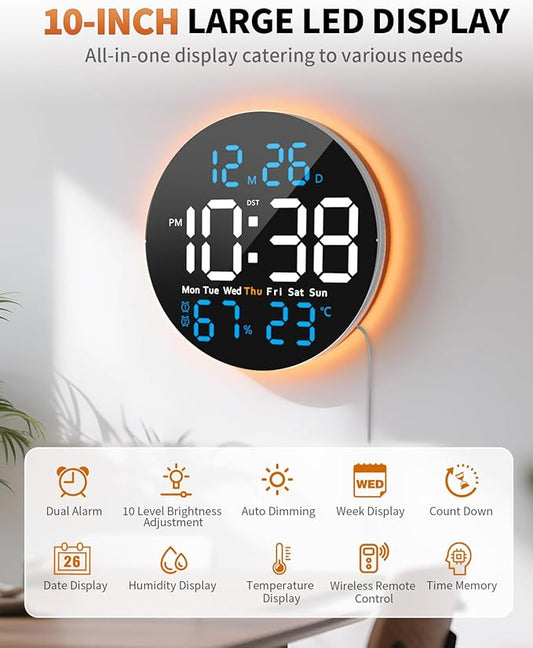 10 Inch Large Digital Wall Clock with 9 Color Changing Remote Control, Date Week Temperature, Auto Brightness Dimmer Big Clock with Night Lights,Blue
