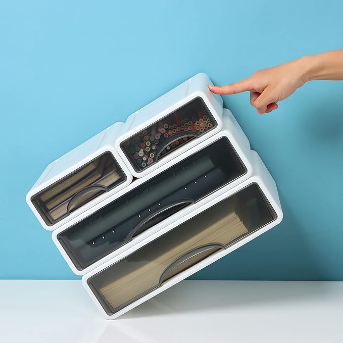 White Desktop Drawers for Paper, Stackable Office Storage Drawers for Desk, Craft Organizer and Storage Bins, 4 Mixed Storage Container with Plastic Drawers for Office Supplies Desk accessories