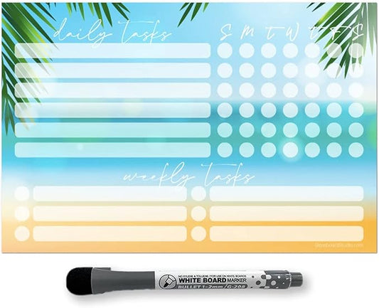 Dry Erase Whiteboard Task Planner | Removable and Restickable Adhesive Decal | Fine-Tip Magnetic Marker Included (6 x 9 inches, Beach)
