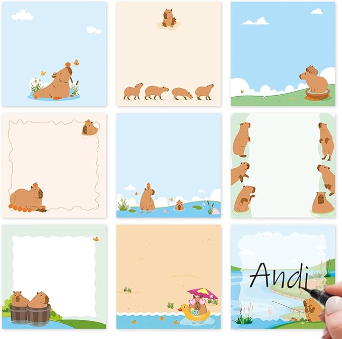 Capybara Sticky Notes Gifts - 9Pack Cute Sticky Notes 3x3 Funny Gifts for Capybara Lovers Cartoon Notepads Animals Post Pads for Women Men Office School Supplies 450 Sheets