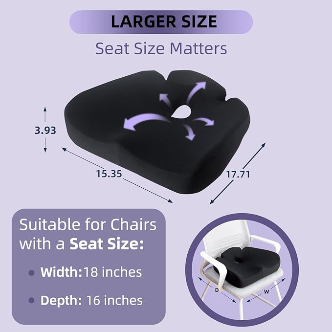 Ergonomic Memory Foam Seat Cushion for Tailbone Pain Relief –Office Chair Cushion for Coccyx, Sciatica & Pressure Relief –Large Chair Cushions for Car Seat, Wheelchair – Washable Non-Slip Cover