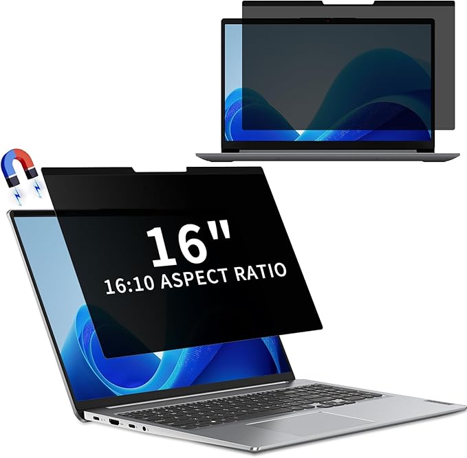 Magnetic Laptop Privacy Screen 16 Inch 16:10 Removable Notebook Laptop Privacy Filter Shield and Protector [Anti-Spy/Glare] Film for 16 inch (Width x Height: 351mm x 225mm)