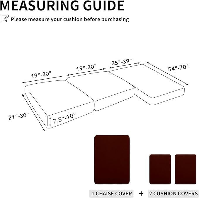 Easy-Going 100% Waterproof 3 Pieces Couch Cushion Covers for Sectional Sofa Left/Right L Shape Chaise Lounge Sofa Seat slipcover Anti-Slip Sofa Cover (2 Seater + 1 Chaise, Wine