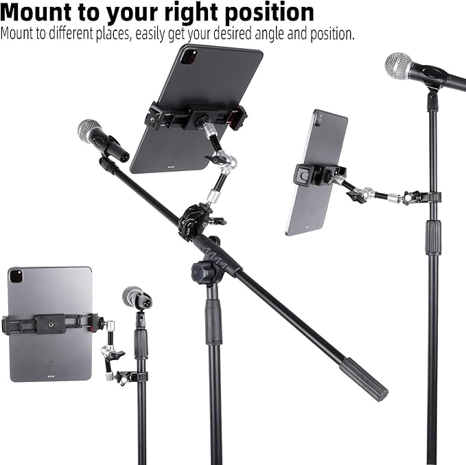 Tablet Holder for Microphone Stand, Aluminum Mic Music Stand Mount for iPad and iPhone, Adjustable Tablet Holder with Super Handle Clamp Compatible with 4.7 to 13 inch Tablets & Phones