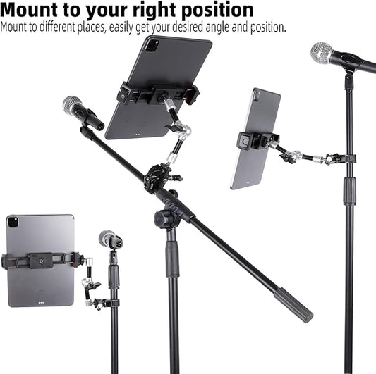 Tablet Holder for Microphone Stand, Aluminum Mic Music Stand Mount for iPad and iPhone, Adjustable Tablet Holder with Super Handle Clamp Compatible with 4.7 to 13 inch Tablets & Phones
