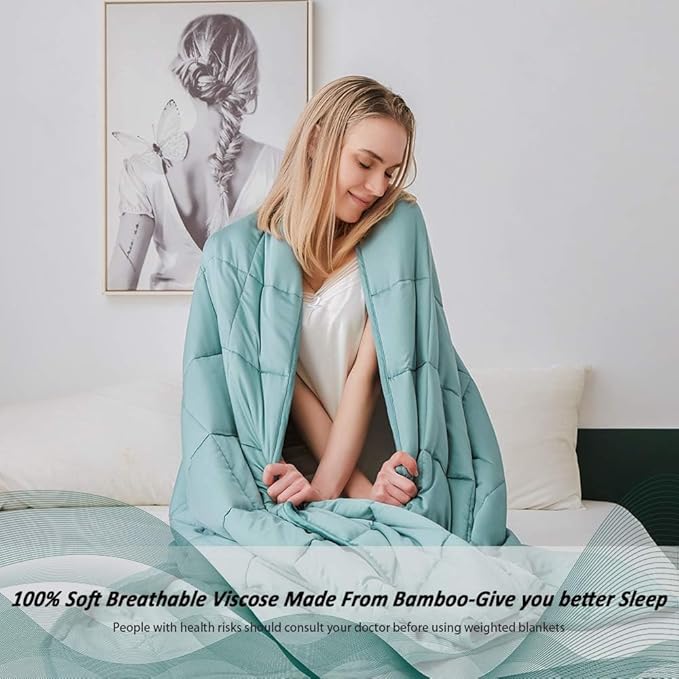 Dornroscn Viscose Made from Bamboo Cooling Weighted Blanket 15lbs-48’’x72’’-Twin Size for Adults and Kids Cooling Heavy Blanket with Premium Glass Bead for Sleepers, Sea Grass