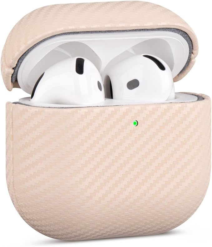 Leather Case for AirPods 4 / AirPods 4 with Active Noise Cancellation Case Cover - Selected Skin-Friendly Leather, Carbon Fibre Texture, Handmade Drop Protective Hard Cover - Pearl White