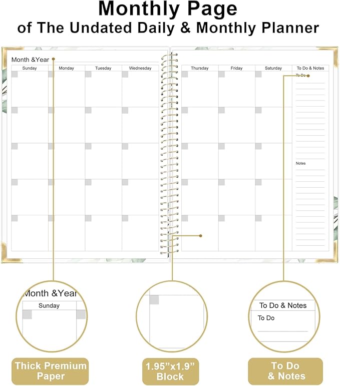 Undated Daily Monthly Planner for 2025 2026 - A4 To Do List with Hourly Schedule, Hardcover Spiral Bound Daily Planner to Increase Focus, Stylish School/Office Supplies, 8.5" x 11", Green Leaf