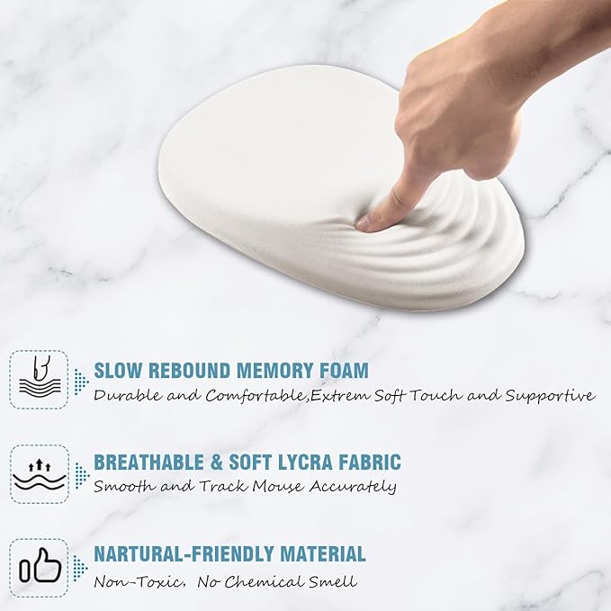 Ergonomic Mouse Pad Wrist Support, White Mouse Pad with Wrist Rest, Entire Memory Foam & Non-Slip PU Base MousePads with Massage Design for Pain Relief, Desk, Office, 12" x 8" x 1.2" Inch