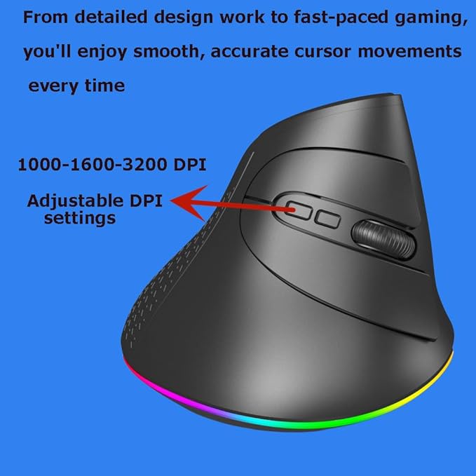 Wireless Mouse Bluetooth Rechargeable Dual Mode Ergonomic Vertical Large Carpal Tunnel Ergo Optical Travel Cordless Mice for PC Laptop Computer Mac iPad Pro MacBook Pro/Air,RGB Light,Side Buttons