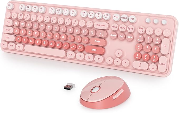 Fogruaden Pink Retro Typewriter Keyboard and Mouse Wireless, 2.4GHz Office Full-Sized Colorful Computer Keyboard with Number Pad and Cute Mouse for Windows PC Desktops Laptop