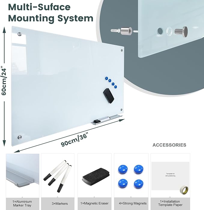 Glass Whiteboard 24"X36" Magnetic Dry Erase Board Frameless Wall Mounted White Board WritingBoard for Office School Home Accessory Tray, 3 Dry Erase Marker,4 Glass Board Magnets and 1 Magnetic Eraser