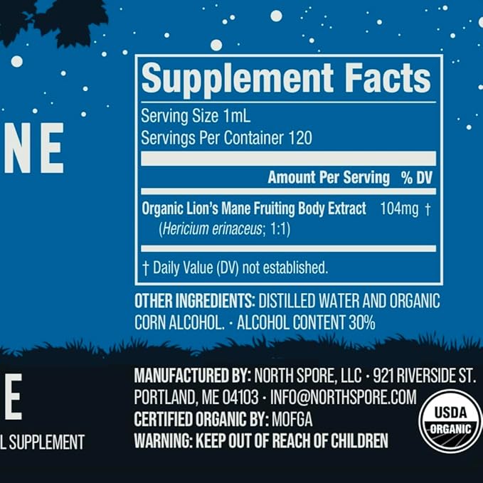 North Spore Organic Lion's Mane Mushroom Tincture (4 oz) | 100% Fruiting Body Extracts | for Focus, Memory, Brain Support | Certified Organic, Vegan, Non-GMO | Adaptogenic, Nootropic | Made in USA
