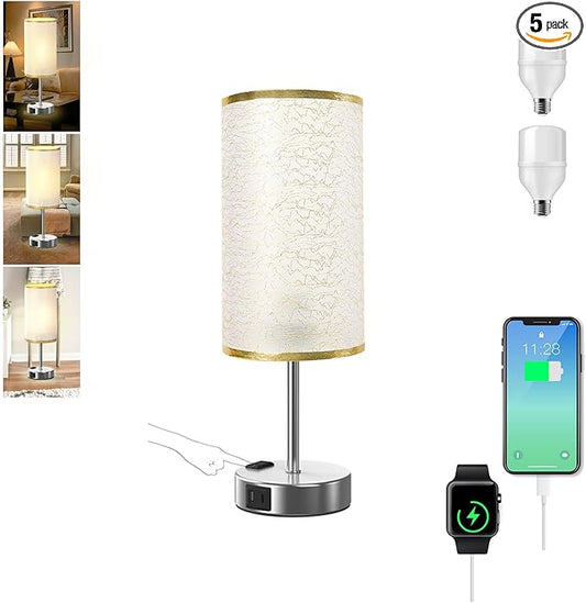 Table Lamp for Bedroom with Touch Control,Bedside Lamp with USB C+A Charging Ports& AC Outlets, Adjustable 3color LED Light for Home Decor/Nightstand/Bedroom/Office,Included Bulb and Fabric Lamp Shade