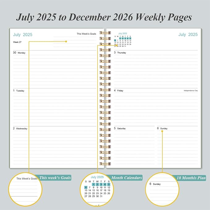 2025-2026 Planner - 18 Months Weekly & Monthly Planner from July 2025 - December 2026, Spiral Planner 2025-2026 with Elastic Closure, Inner Pocket, Medium 5.8" x 8.3", Green