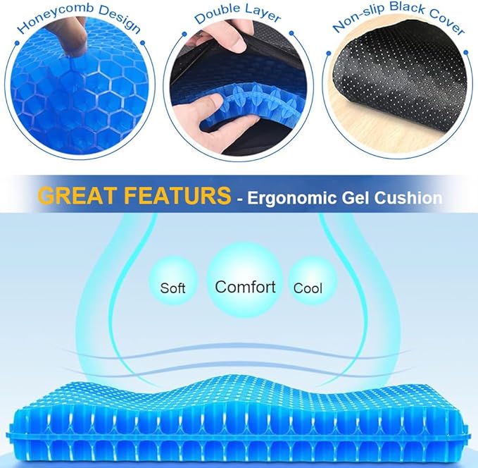 Gel Seat Cushion, Super Large Gel Cushion Chair Pads with Non-Slip Cover for Home Office Car Seat Wheelchair, Soft Breathable Honeycomb Seat Cushion for Relieve Hip Pain, As Seen On TV