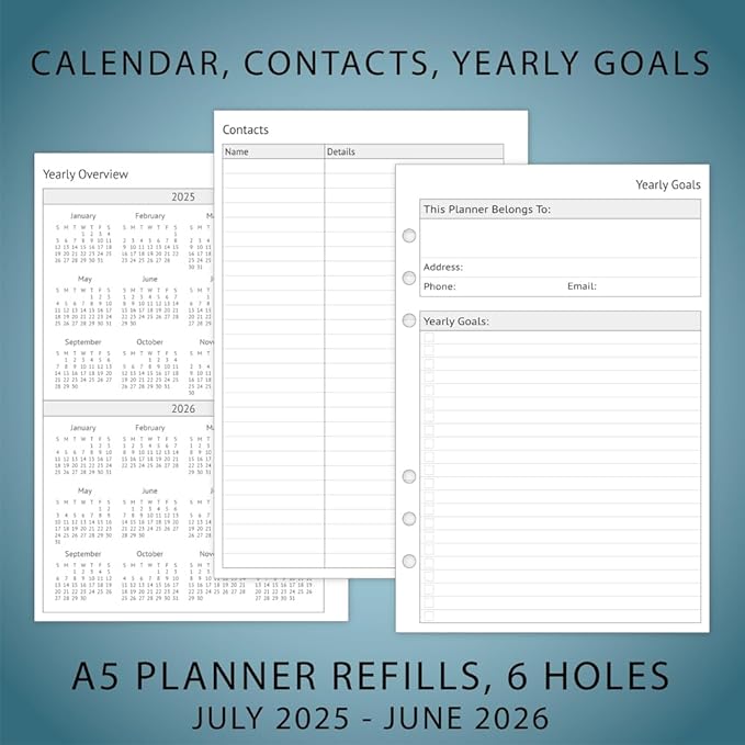 newestor 2025-2026 A5 Planner Inserts, Filofax A5 Compatible, Jul 2025 - Jun 2026, Weekly and Monthly Appointment Book Pages, Tabbed, 6 Holes