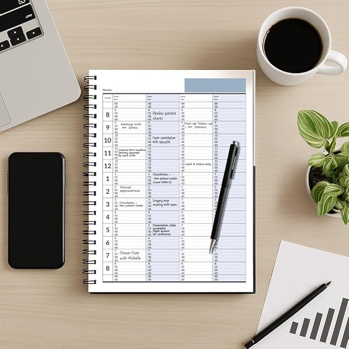 Business Appointment Book with 15-Minute Slots, Undated 2-Year Planner, Large Hardcover, Multiple Schedules, Daily/Hourly