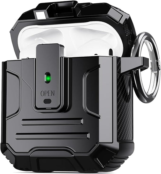 DASFOND Armor Cover AirPods 2nd & 1st Generation Case, Military Grade Full Body Shockproof Protection Hard Case, Support Wireless Charging with Keychain, Magnetic Lid, Front LED Visible, Black