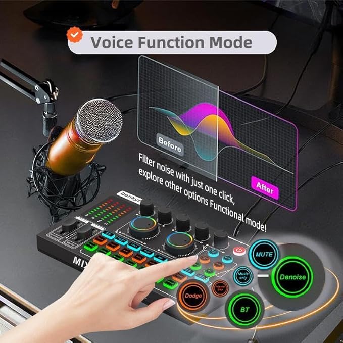 F999MAX Live Sound Card, Professional Audio Mixer & Noise Reduction, Metal Body & Indicator Panel, Audio Interface & Voice Changer, RGB Lighting Effects, DJ Mixer for Live/Gaming/Podcasting/Karaoke