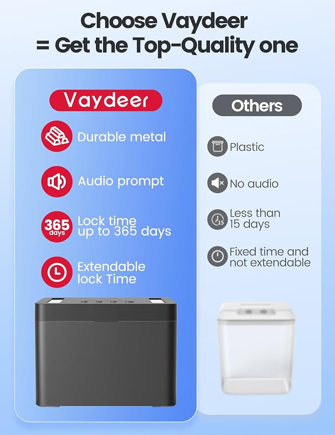 Vaydeer Metal Timed Lock Box, Phone Lockbox with Timer, Time Locking Safe, Self-Control Container with USB C Charge,Child Lock, Audio Prompt, Time Release Storage Locker for Phone/iPad Mini/Medicine