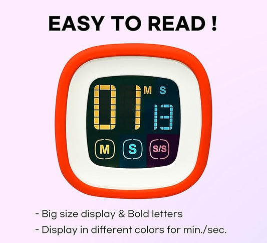 Digital Kitchen Timer, Countdown, Countup, Protective Rubber case, Large Display with Color Bold Digits, Touch Control, Backlit, Magnetic Kickstand, Loud Alarm, Auto Memory (Hot Rose)