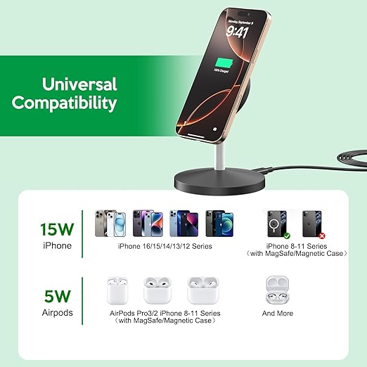 Magnetic Wireless Mag-Safe Charger Station,Long 6FT USB C Cable MagSafe, Stable Charger Stand Apple Magsafe Wireless Station/Pad Fast Charging for iPhone 16 Pro/16 Plus/16 Pro Max/15/14/13/12/AirPods