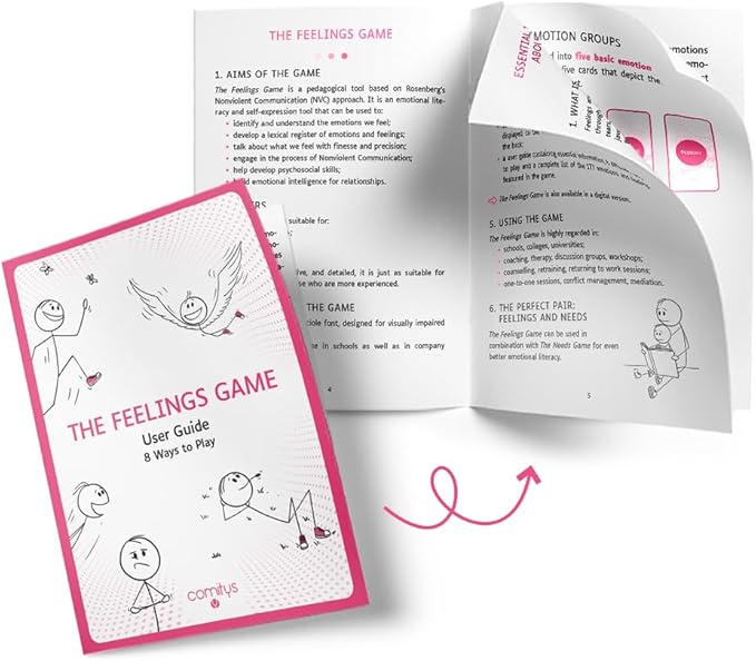 Comitys - The Feelings Game | 64 flashcards for Emotional Literacy | Non-Violent Communication Teaching Tool | 177 Feelings States to Discover
